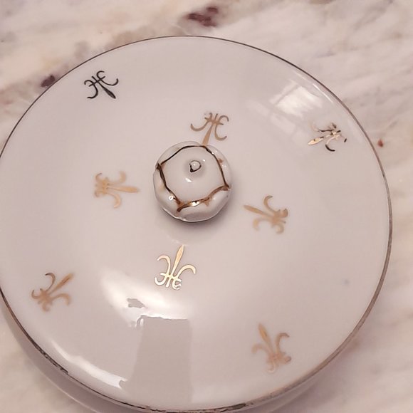 Nasco Stoneware VTG White Trinket Dish Gold Gilt Fleur de Lis Japan - Picture 13 of 13
